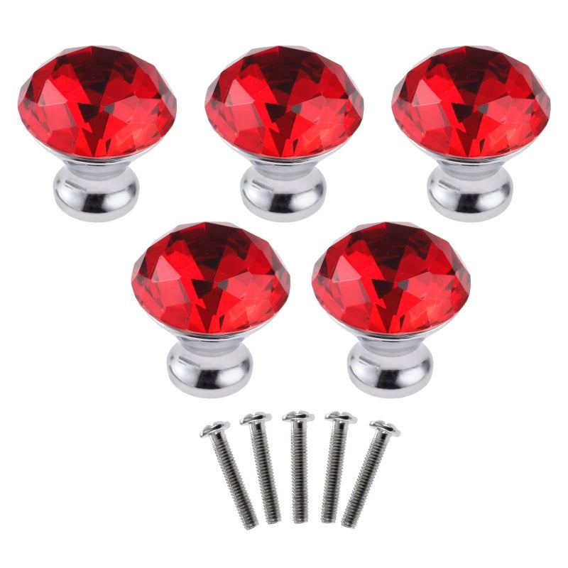 Yetaha Red Crystal Cabinet Knobs, 5PCS Glass Drawer Pulls Diamond Shape Handles for Dresser Closet Wardrobe Cupboard Bedroom Kitchen Furniture Decoration, with Screws - Image 1